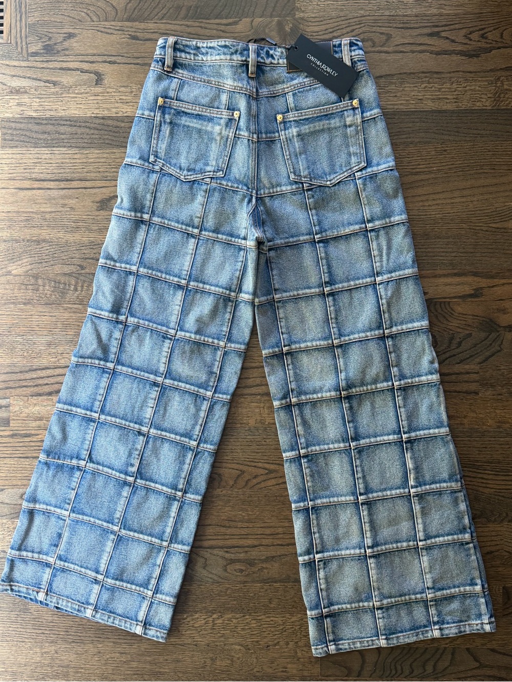Cynthia Rowley Light Blue Grid Patchwork Wide-Leg Jeans - Picture 1 of 6